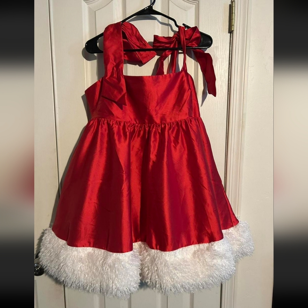 Merry Provocative Red Satin Babydoll Mini Dress With White Fur Trim